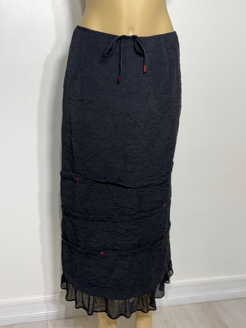 * Vintage Cop.Copine Black Tiered Drawstring Maxi Skirt with Ruffled Hem